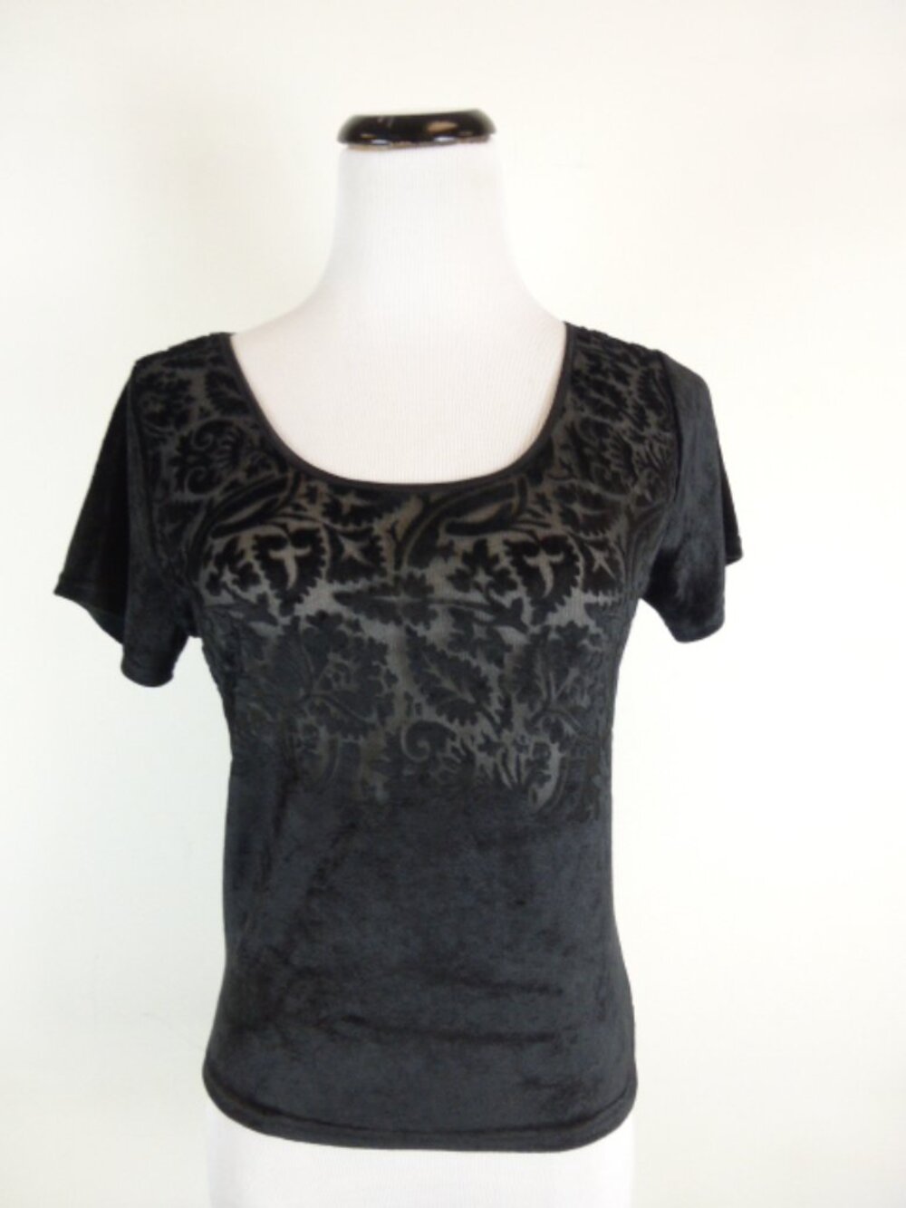 KENAR BLACK stretch burnout cut velvet short sleeve crop t shirt top L